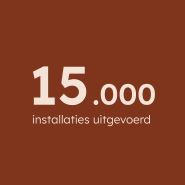 14.000 installaties uitgevoerd in witte tekst op een bruine achtergrond.